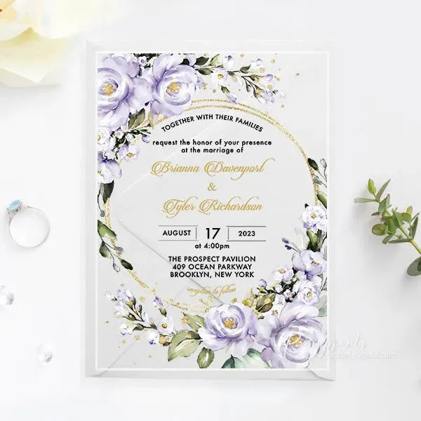 purple green and gold acrylic wedding invitations ROSYA70 - Rosy Prints