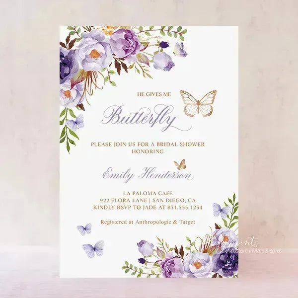 Purple Lilac Flowers Butterfly Bridal Shower Invitations RPB01 - Rosy Prints