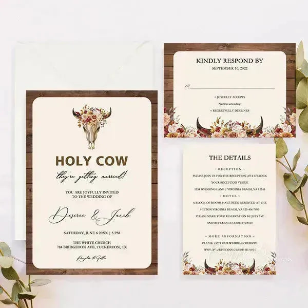 cow skull rustic country western wedding card RPS36 - Rosy Prints