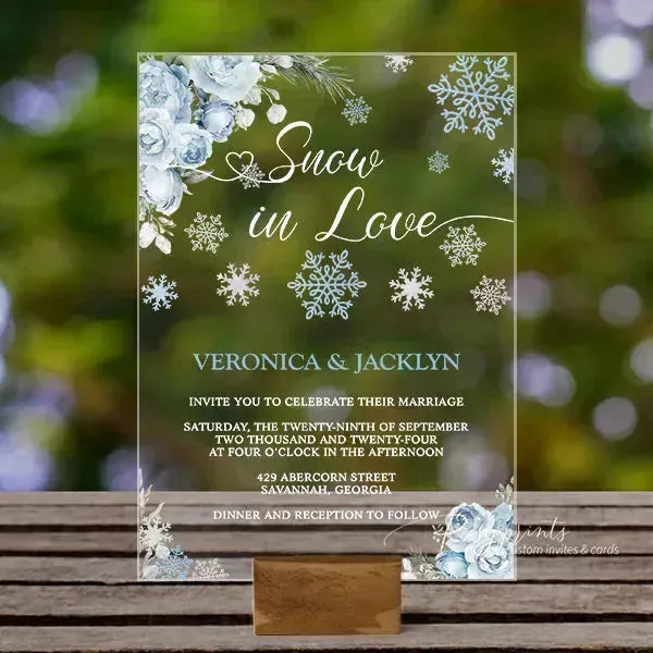 winter ice blue snowflake acrylic wedding invitations