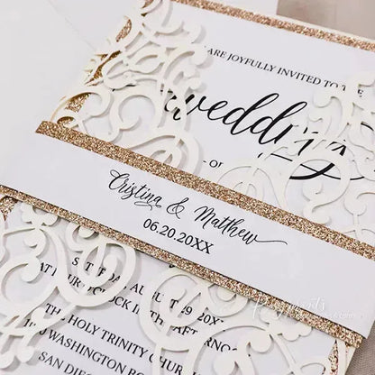 formal ivory and rose gold glitter wedding invitations