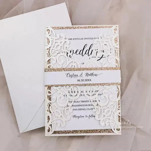 formal ivory and rose gold glitter wedding invitations