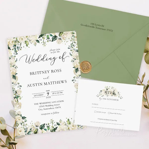 elegant ivory white and green rustic wedding invitations RPS26