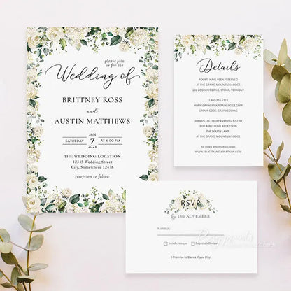 elegant ivory white and green rustic wedding invitations RPS26