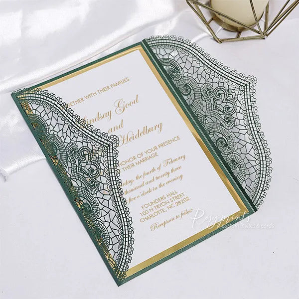 emerald green and gold wedding invitations