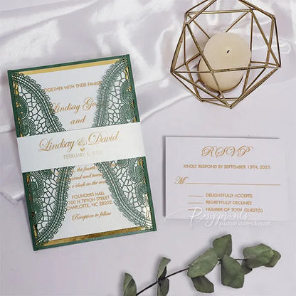 emerald green and gold wedding invitations