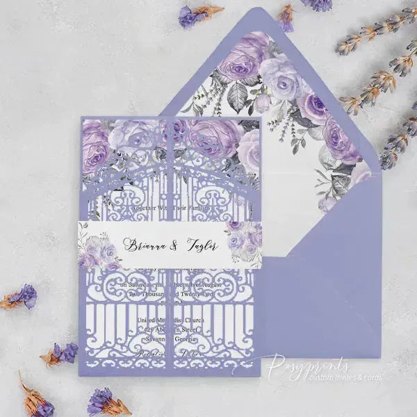 lavender lilac purple floral rustic wedding invitations ROSG12