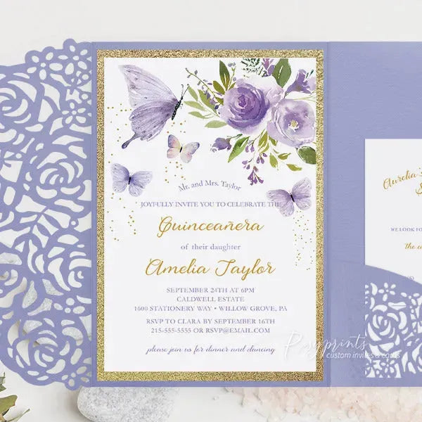 lilac purple butterfly quinceanera invitations ROSYP26 - Rosy Prints