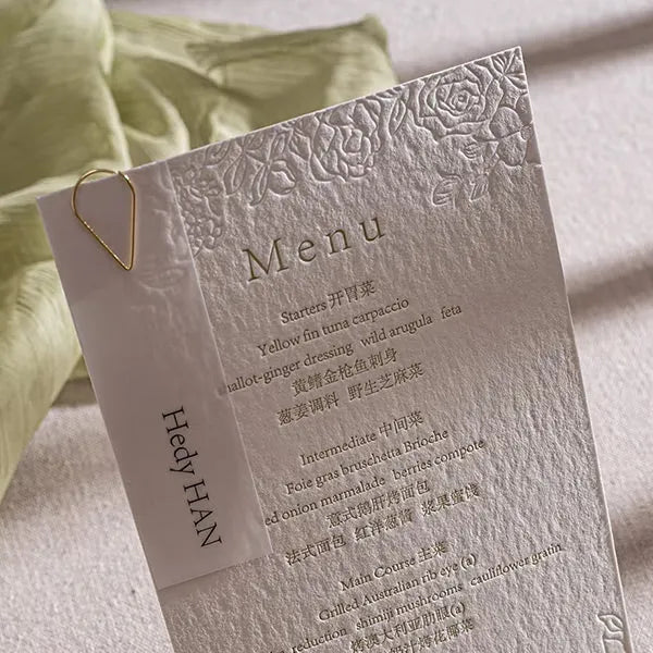 letterpress deckled edge roses wedding menu