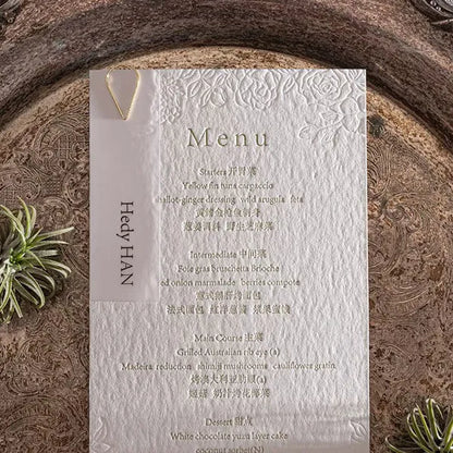 letterpress deckled edge roses wedding menu