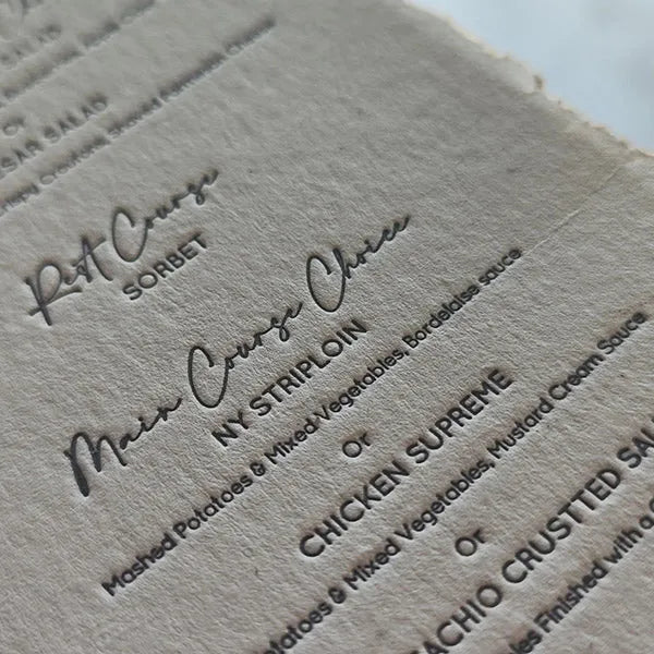 custom letterpress deckled edge wedding menu