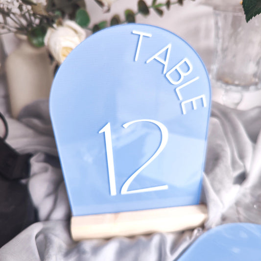 light blue acrylic table numbers with wooden base