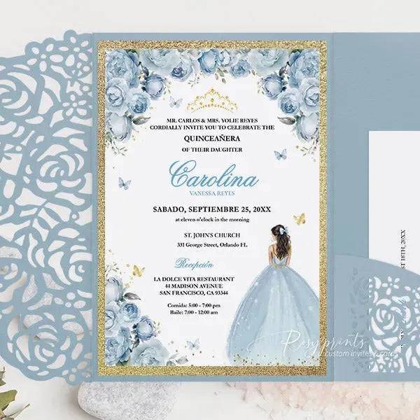 Cinderella blue gold quinceanera sweet 16 invitations ROSYP23