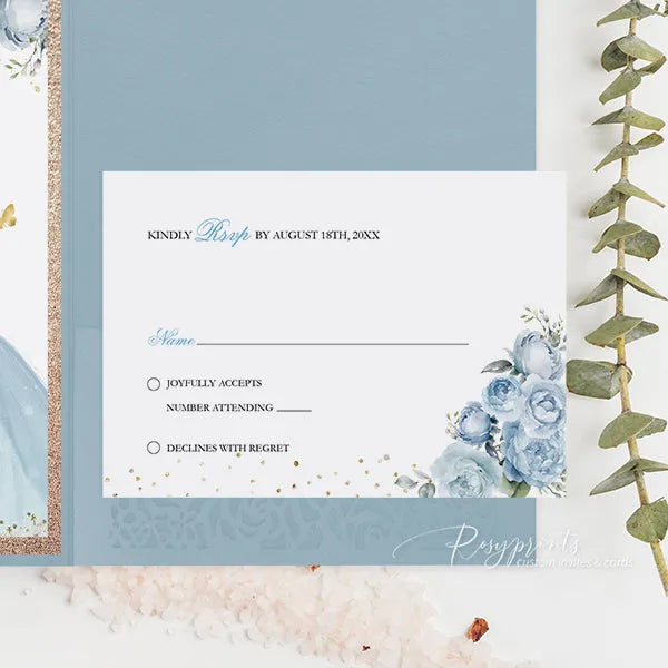 Cinderella blue gold quinceanera sweet 16 invitations ROSYP23 - Rosy Prints