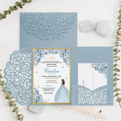 Cinderella blue gold quinceanera sweet 16 invitations ROSYP23 - Rosy Prints