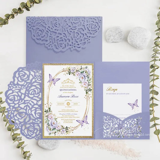 lavender purple butterfly quinceanera invitations ROSYP27 - Rosy Prints