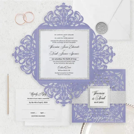 purple and silver glitter pocket wedding invitations ROSYP15 - Rosy Prints