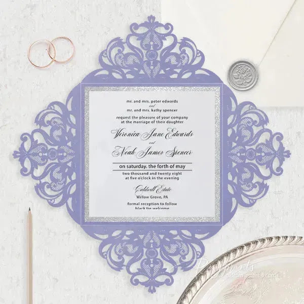 purple and silver glitter pocket wedding invitations ROSYP15 - Rosy Prints