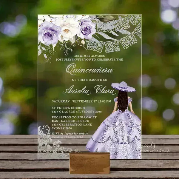 silver and lilac purple acrylic quinceanera invitations ROSYA85 - Rosy Prints