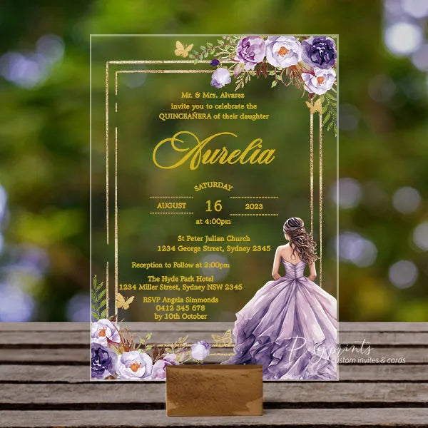 lilac purple and gold acrylic 16th birthday invitations ROSYA87