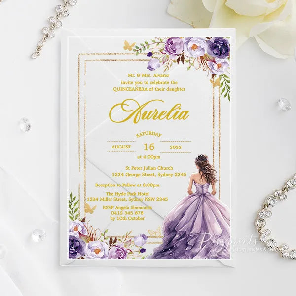 lilac purple and gold acrylic sweet 16 invitations 15 birthday ROSYA87