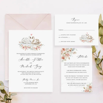 two swans in love elegant floral wedding invitations RPS41