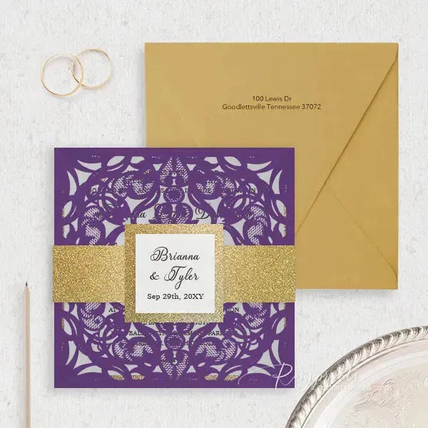 purple and gold pocket wedding invitations ROSYP12 - Rosy Prints