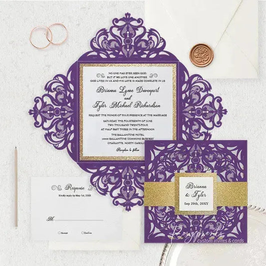 purple and gold pocket wedding invitations ROSYP12