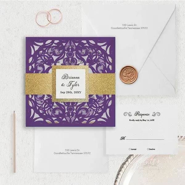 purple and gold pocket wedding invitations ROSYP12 - Rosy Prints