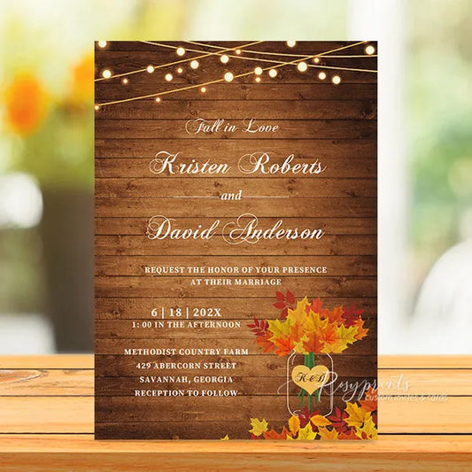 rustic autumn maple leaves mason jar fall wedding invites RPS43