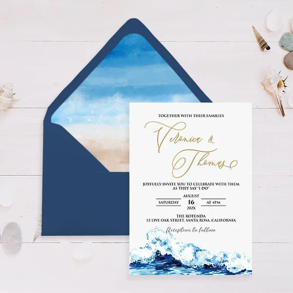 Minimal ocean blue beach wedding invitations RPS27