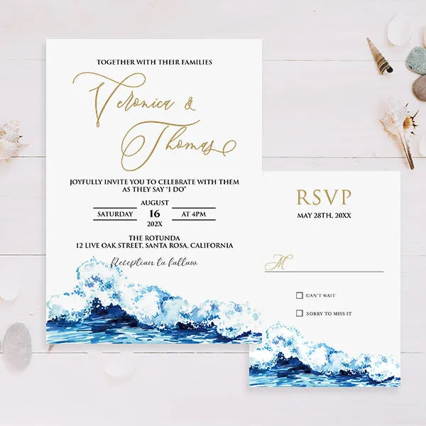 Minimal ocean blue beach wedding invitations RPS27