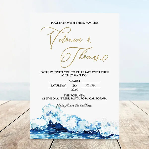 Minimal ocean blue beach wedding invitations RPS27