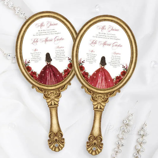 vintage mirror shape red quinceanera invitations RPS20