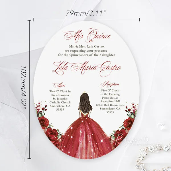 vintage mirror shape red quinceanera invitations RPS20-1 - Rosy Prints