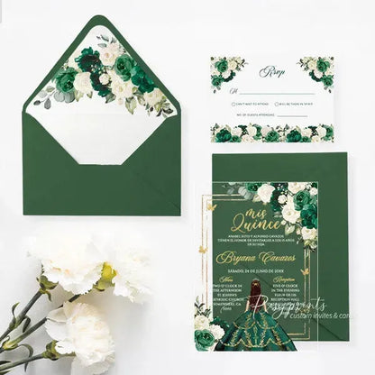 emerald green and gold acrylic quinceanera invitations ROSYA38 - Rosy Prints