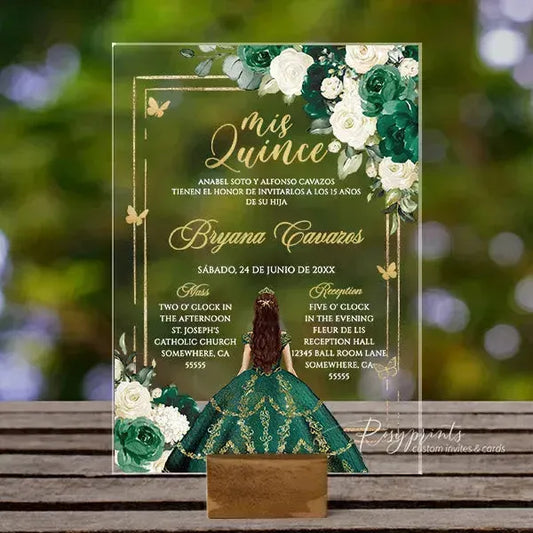 emerald green and gold acrylic quinceanera invitations ROSYA38