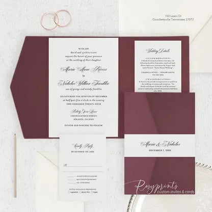 formal burgundy pocket wedding invitations ROSYP04 - Rosy Prints