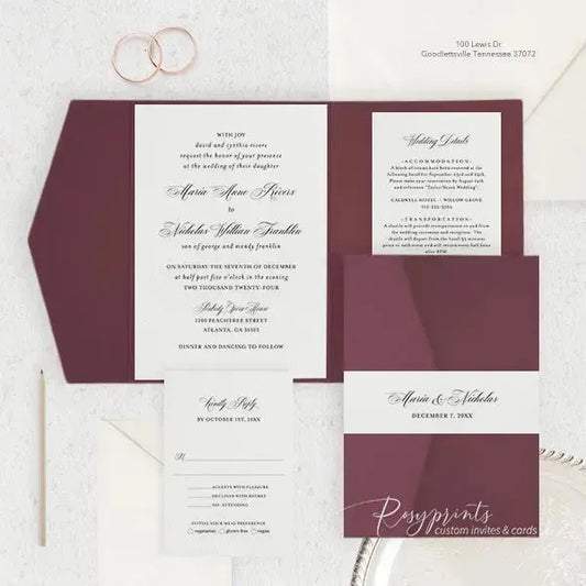 formal burgundy pocket wedding invitations ROSYP04