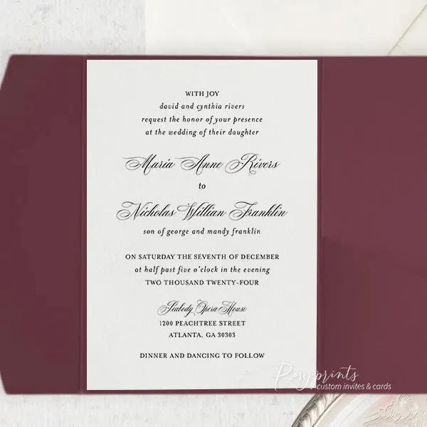 formal burgundy pocket wedding invitations ROSYP04 - Rosy Prints