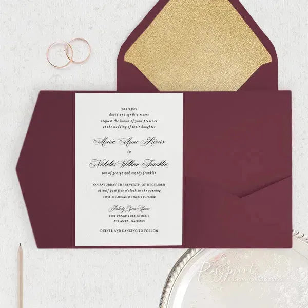 formal burgundy pocket wedding invitations ROSYP04 - Rosy Prints