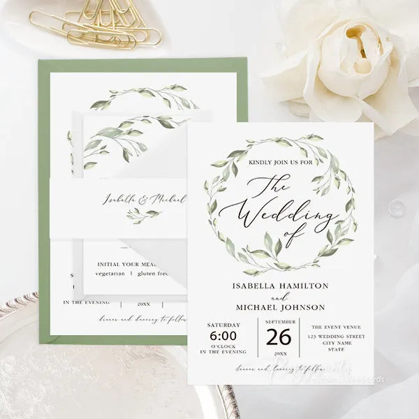 simple foliage wreath sage green wedding invitations RPS21 - Rosy Prints