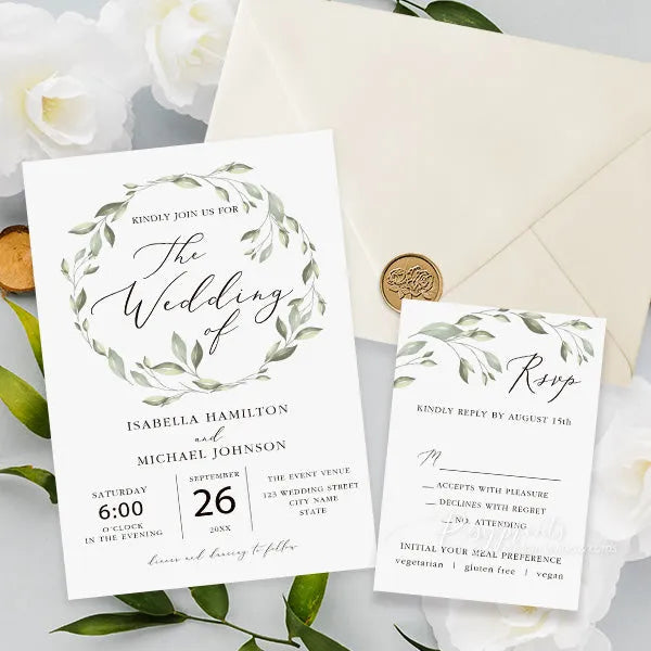 simple foliage wreath sage green wedding invitations RPS21 - Rosy Prints