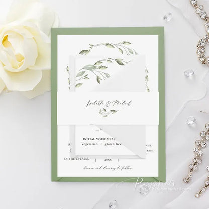 simple foliage wreath sage green wedding invitations RPS21 - Rosy Prints