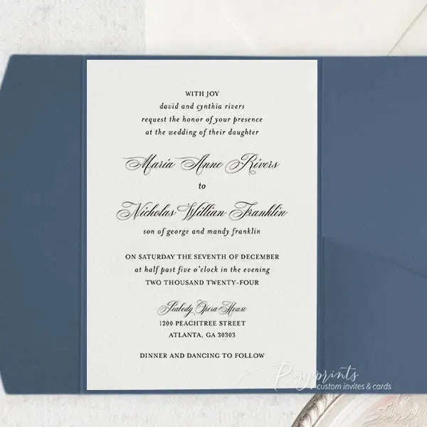 classic navy blue pocket wedding invitations ROSYP05 - Rosy Prints