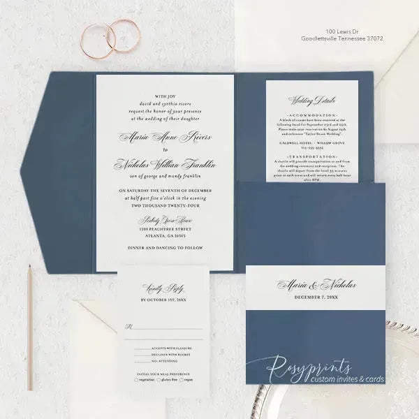 classic navy blue pocket wedding invitations ROSYP05 - Rosy Prints