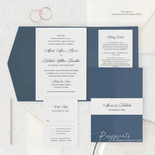 classic navy blue pocket wedding invitations ROSYP05