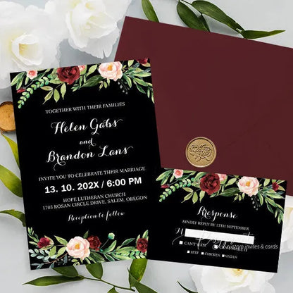 black and red botanical wedding invitations RPFLAT05