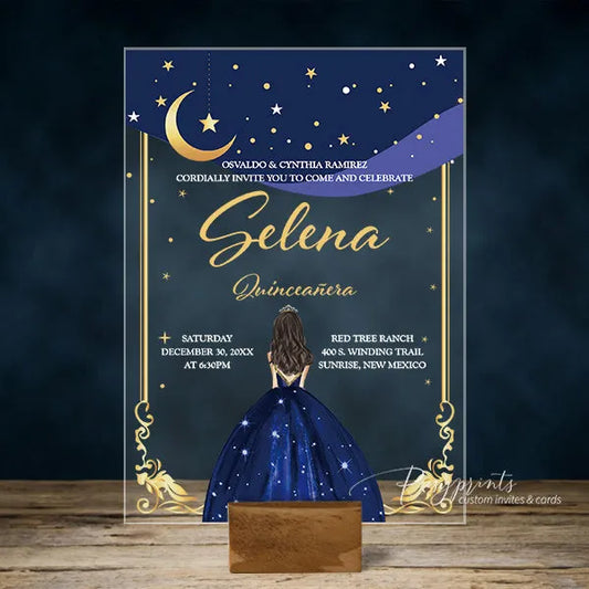 starry night blue and gold acrylic quinceanera invitations ROSYA96 - Rosy Prints