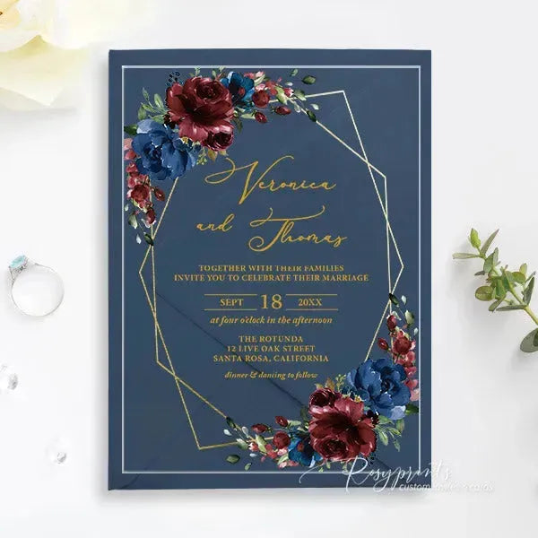 navy burgundy floral acrylic wedding invitations ROSYA32 - Rosy Prints